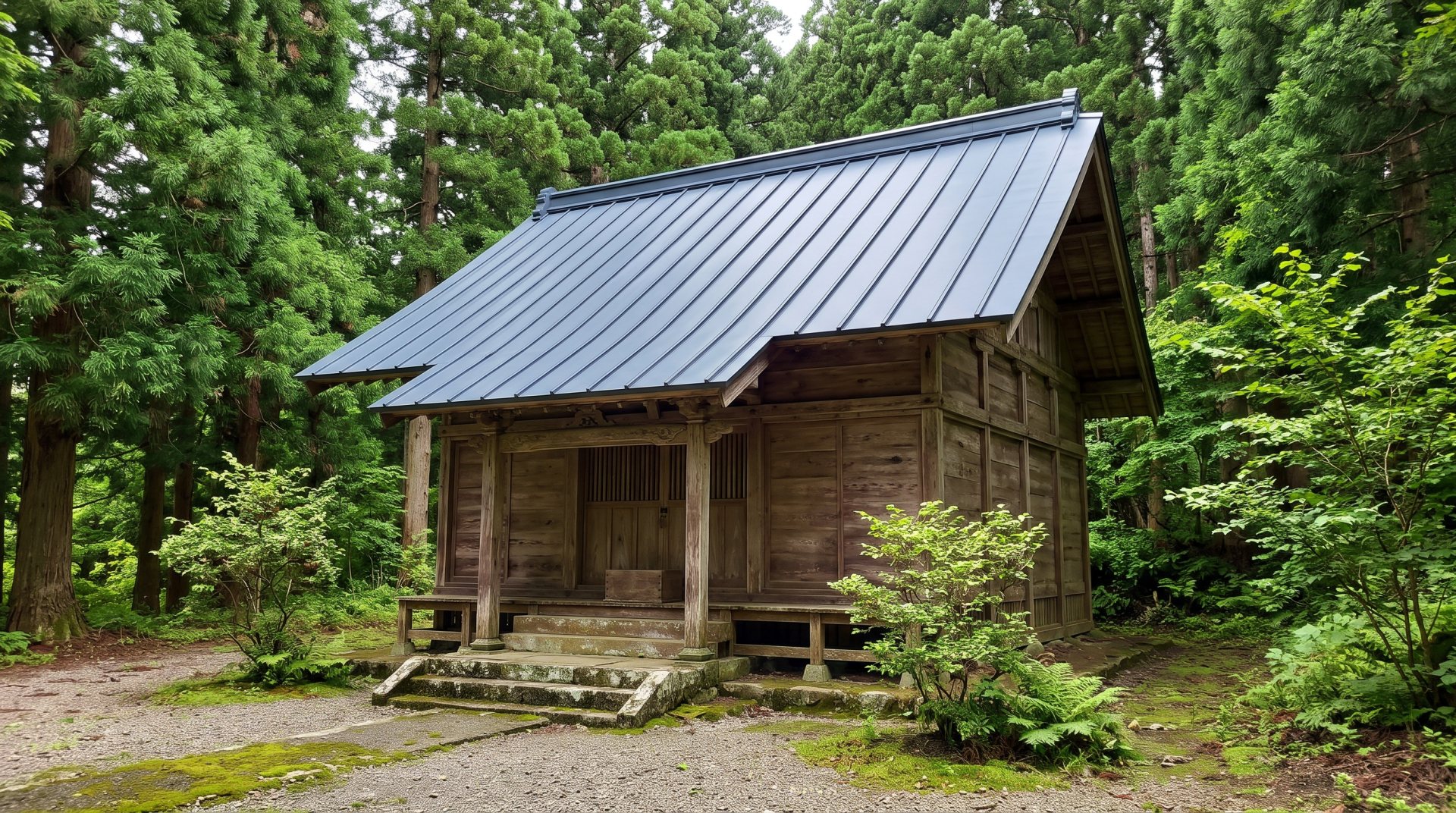 木々に囲まれた、塗り替えを終えたお寺の屋根（イメージ）